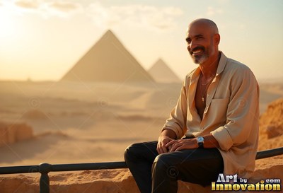 A beaming man sits in an open beige shirt before the Giza pyramids at sunset