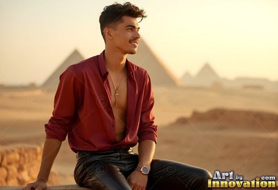 In the desert by the pyramids, a happy man sits in an open red silk shirt