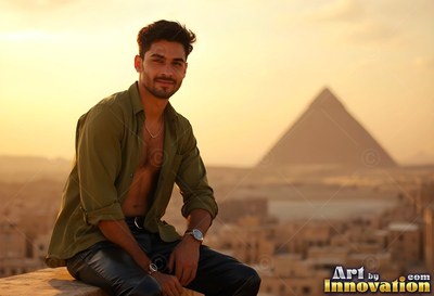 A man wearing an open green shirt sits before a pyramid