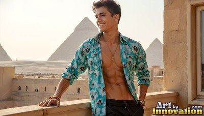 A smiling man leans on a balcony in an open deep teal shirt under bright sunlight