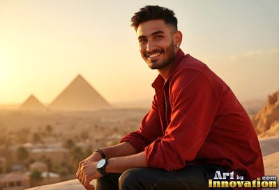 Grinning man in a red shirt sits on a balcony before the pyramids at sunset