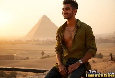 Above the desert, a smiling man sits in an unbuttoned green shirt before a pyramid