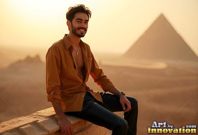 Happy man dressed in an unbuttoned brown shirt sitting before a pyramid at sunset