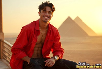 A cheerful man in an unbuttoned red shirt sits on a balcony before the pyramids at sunset