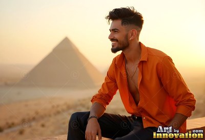 A happy man rests in an unbuttoned orange shirt before a pyramid in warm sunlight