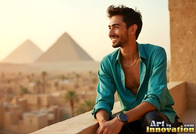 Leaning on a sunny balcony above the pyramids, a grinning man in a deep teal shirt