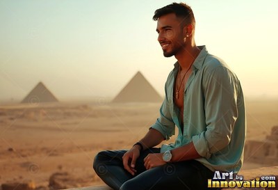 A cheerful man sits in an open green shirt before the pyramids