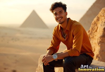 In the Giza desert, a happy man sits on a stone wall before the pyramids