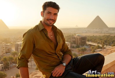 Sitting on a sunny terrace, a smiling man in a gold shirt leans back before pyramids
