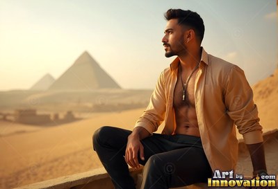 Man in an open shirt sits looking out at the pyramids