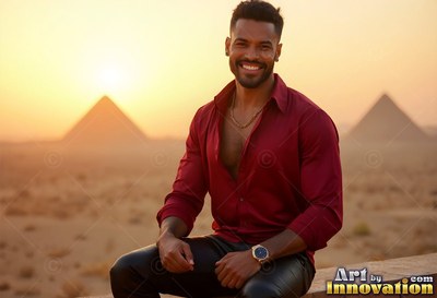 Wearing an unbuttoned burgundy shirt, a smiling man sits before the pyramids at sunset