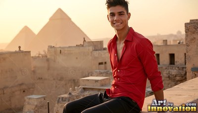 Sitting on a stone ledge, a smiling man in a red shirt overlooks the pyramids