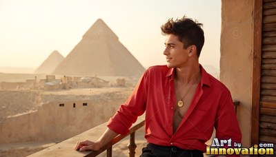 A man in an open red shirt leans on a balcony facing the pyramids