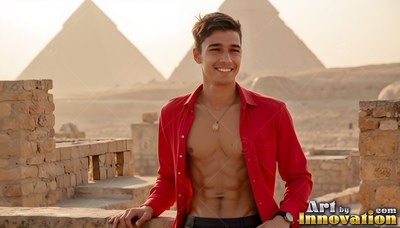 Before the pyramids, a beaming man stands in an open red shirt and sunlight