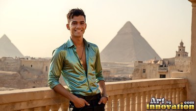 Leaning on a stone balcony, a beaming man in a shiny green shirt stands before the pyramids