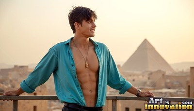 An open teal shirt shows a youthful man smiling on a balcony before a pyramid
