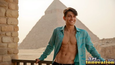 A beaming man rests on a balcony rail before the pyramids in warm desert light