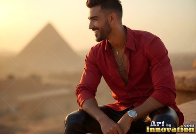 Above the pyramids, a smiling man sits outside in an unbuttoned red shirt