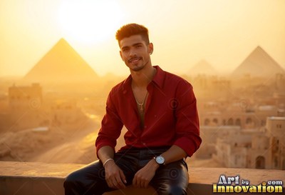 Sitting on a rooftop at sunset, a younger man in a red thin silk shirt smiles before the pyramids