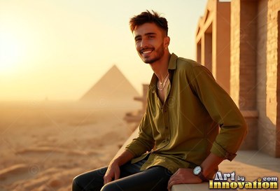 A happy man in a green shirt sits near a pyramid at sunset