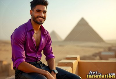 Wearing an open purple silk shirt, a smiling man sits on a low wall near the pyramids