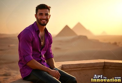 A grinning man in a purple shirt sits on a balcony before the pyramids in warm sunset light