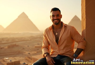 Sitting on a sunny balcony above the Giza pyramids, a smiling man wears an open peach shirt