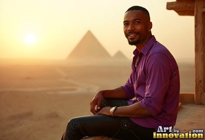 A grinning man in a purple shirt sits on a balcony near the pyramids at sunset