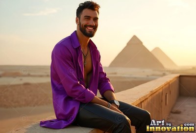 On a balcony above the pyramids, a grinning man sits in an unbuttoned dark purple shirt