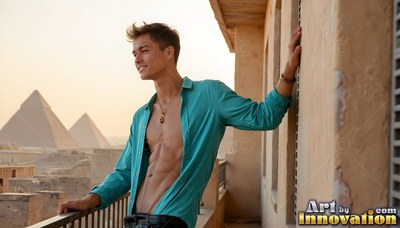 A bare-chested young man reclines on a balcony in an open bright teal shirt in warm sunlight