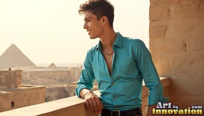 A smiling guy in an open deep teal shirt stands on a balcony by the pyramids