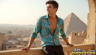 On a stone balcony above the pyramids, a smiling young man wears an open light teal shirt