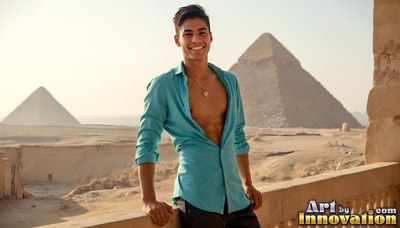 Smiling young man wearing an open blue shirt on a balcony by the pyramids