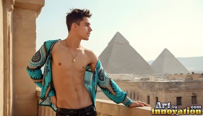 Wearing an open turquoise patterned shirt, a younger man leans on a balcony by the pyramids