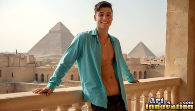 A smiling man tilts back on a stone balcony before pyramids in warm daylight