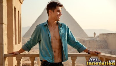 On a stone balcony, a smiling man props himself on the railing in an unbuttoned deep teal shirt