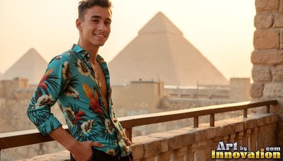 A grinning man in a teal floral shirt leans on a stone balcony before the Giza pyramids