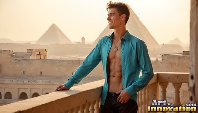 A happy man props himself on a stone balcony before pyramids under warm golden sunlight