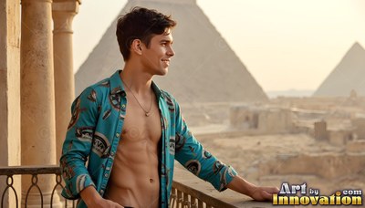 Leaning on a balcony, a smiling man in a teal shirt overlooks pyramids