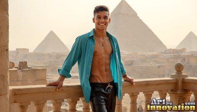 A smiling young man in an open teal shirt stands on a balcony by the pyramids