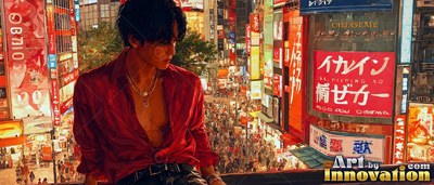 Sitting above neon Shibuya streets, a young man puts on an open red silk shirt