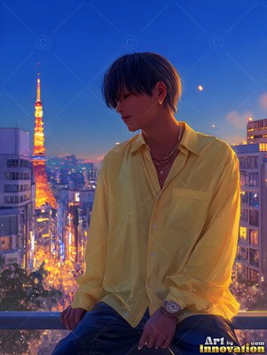 Wearing a loose yellow shirt, a young man sits on a balcony before Tokyo Tower at dusk