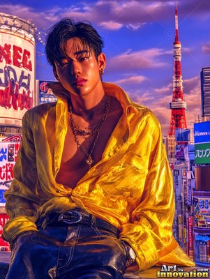 A man leans back in an open yellow silk shirt on a rooftop against a violet sunset sky