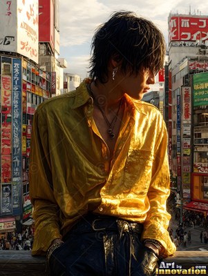 Leaning on a rail above a Tokyo street, a man in a gold silk shirt looks away