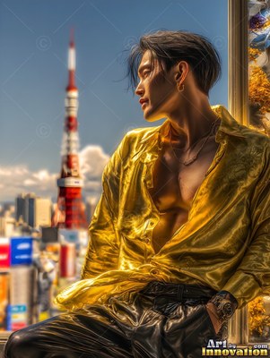 A man wearing an unbuttoned yellow silk shirt sits by a window facing Tokyo Tower
