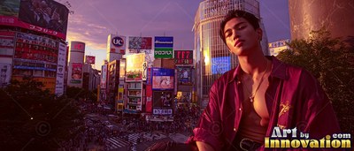 Above busy Shibuya at dusk, a young man leans back in an open maroon shirt