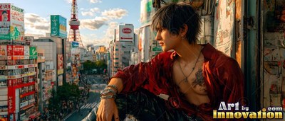 Resting on a rooftop, a young man is wearing an open red shirt above Tokyo streets