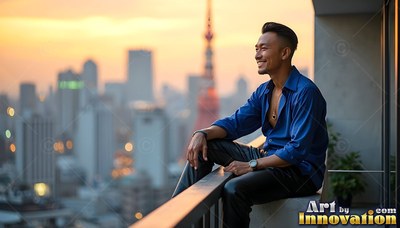 Sitting on a balcony, a man in a blue silk shirt smiles over Tokyo at sunset