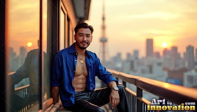 A smiling guy in an open blue shirt rests on a tokyo balcony at sunset