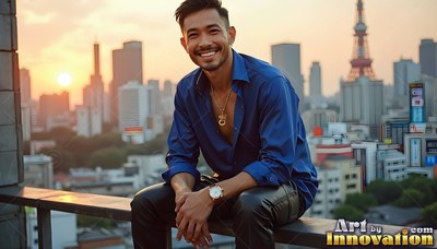 On a rooftop in tokyo at sundown, a smiling man sits in an open blue shirt